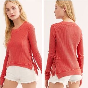 Free People One interlaken thermal waffle knit long sleeve side tie red top, XS